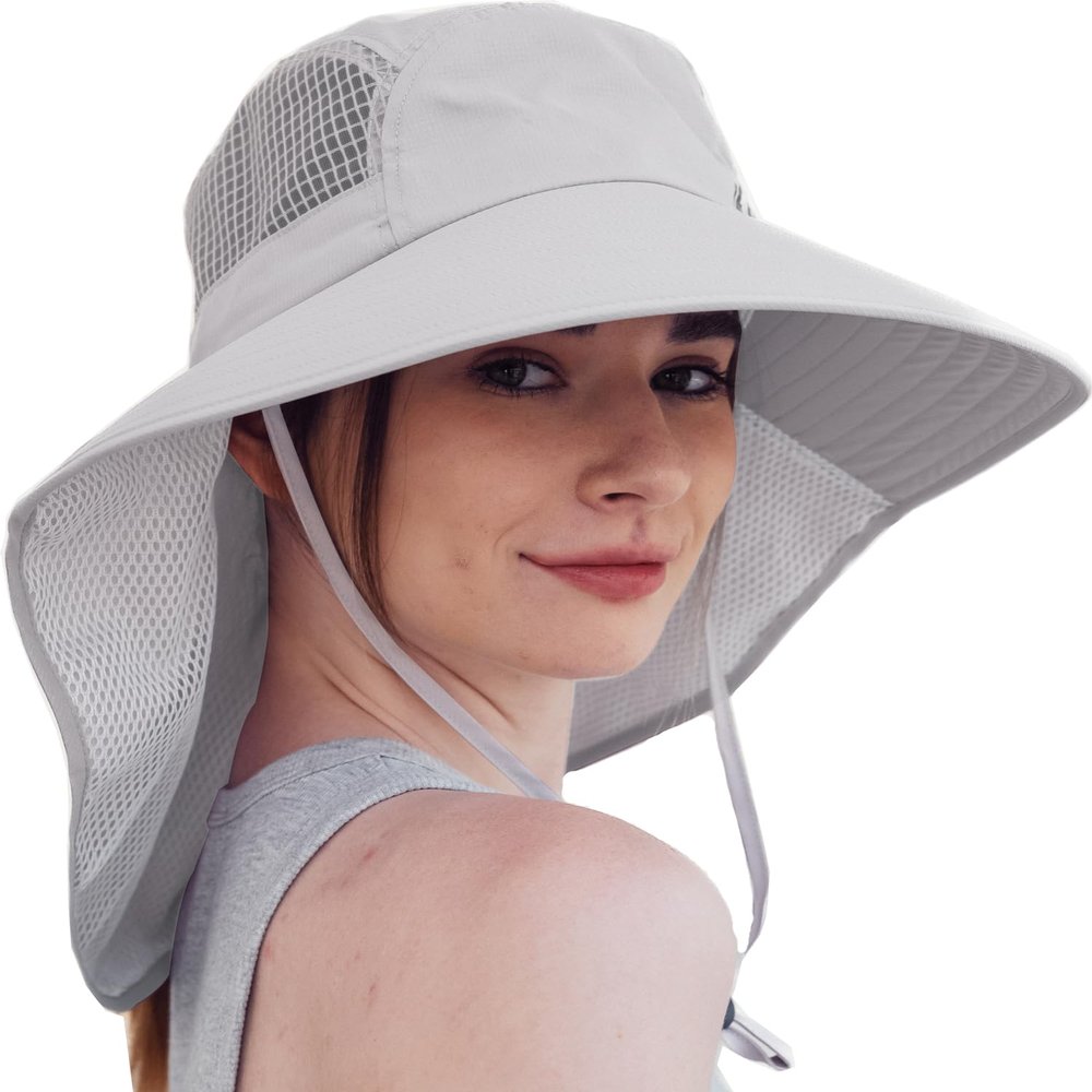 Womens Sun Protection Hat Foldable Waterproof Fishing Hat Women Neck Flap Wide Brim Gardening Hat with Ponytail Hole for Women Light-Gray