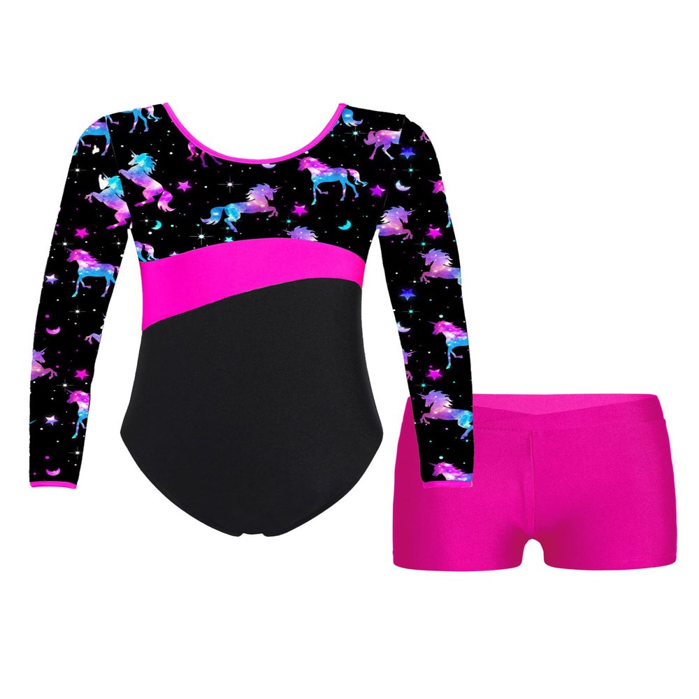 Moggemol Kids Girls Long Sleeve Leotards with Shorts Sets 2 Pieces Gymnastics Dance Outfits Dancewear Tracksuit Pegasus 14 Years