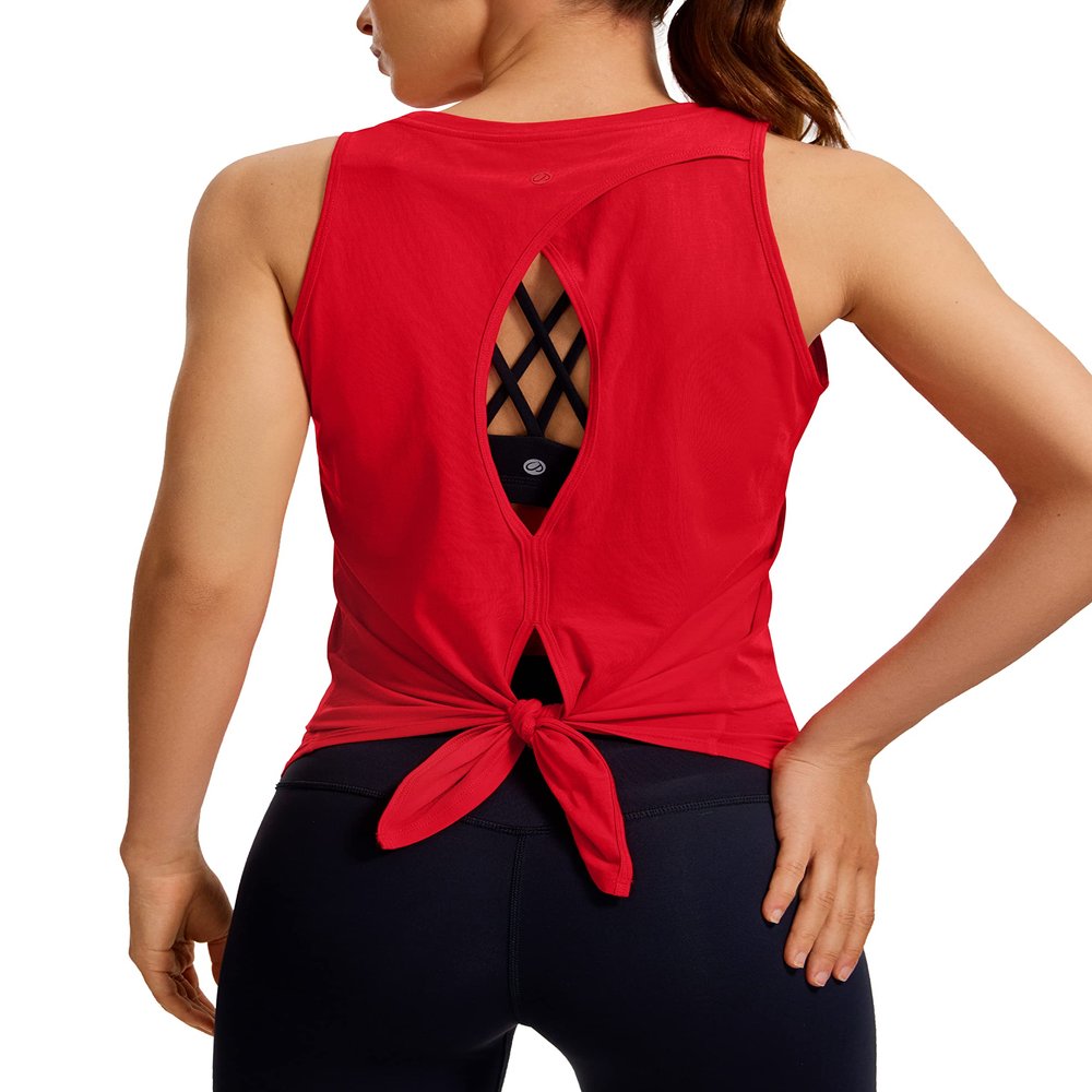 CRZ YOGA Women's Pima Cotton Workout Tanks Tie Back Sleeveless Shirts Yoga Athletic Open Back Sport Gym Tops Festival Red X-Small