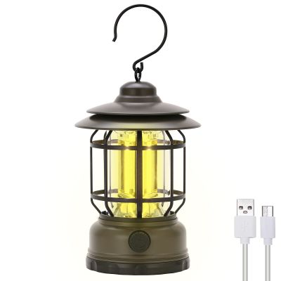 Camping Lanterns Rechargeable, Portable Electric LED Camping Lights Outdoor Hanging Tent Light Vintage Tabletop Lantern Decor Stepless Dimming Waterproof for Camping, Power Outages, Indoor (Green)