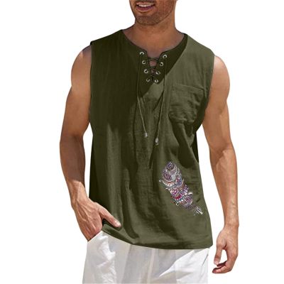 Loose Fit Cotton Linen Bohemian Tank Tops for Mens Summer Beach Fuunny Sleeveless Lace Up Hippie Cutt Off Tshirts Army Green