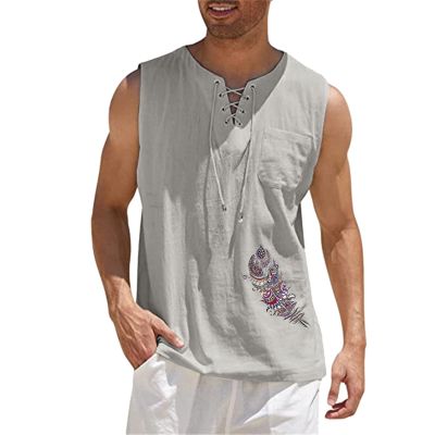 Loose Fit Cotton Linen Bohemian Tank Tops for Mens Summer Beach Fuunny Sleeveless Lace Up Hippie Cutt Off Tshirts Grey