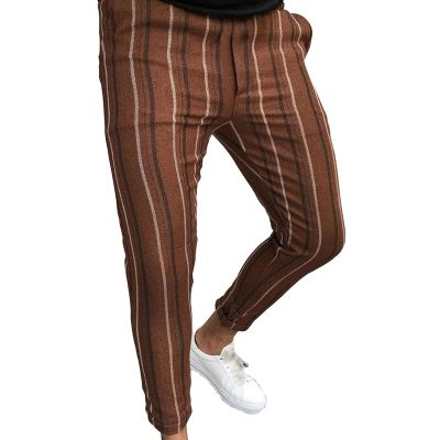 JEsilunmaMY Mens Striped Slacks Casual Mid Waist Tapered Lounge Pants Slim Fit Stretch Skinny Pencil Pants with Pockets (Brown,Large)
