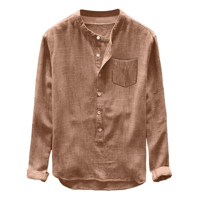 2023 Mens Cotton Linen Shirts Lapel Button Down Long Sleeve Hippie Top Loose Fit Lightweight Renaissance Lounge Shirt Khaki