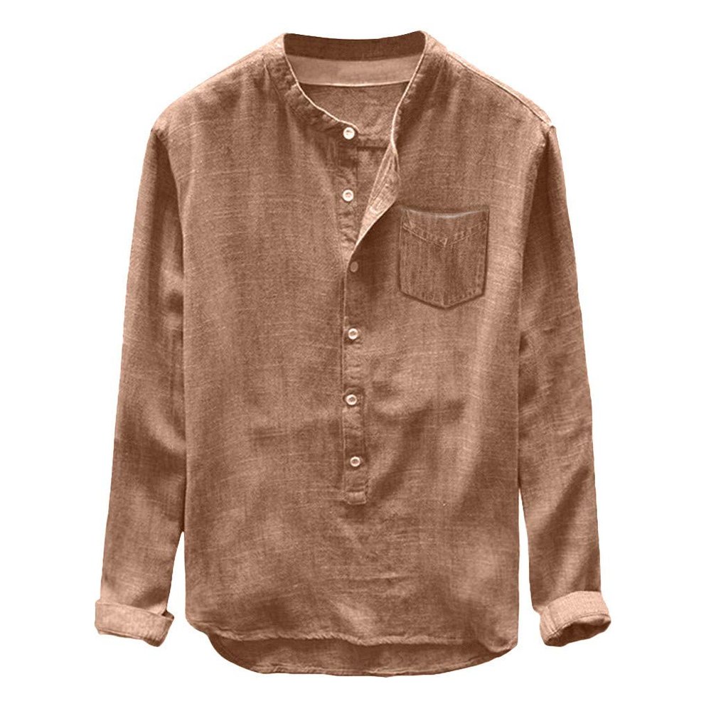 2023 Mens Cotton Linen Shirts Lapel Button Down Long Sleeve Hippie Top Loose Fit Lightweight Renaissance Lounge Shirt Khaki