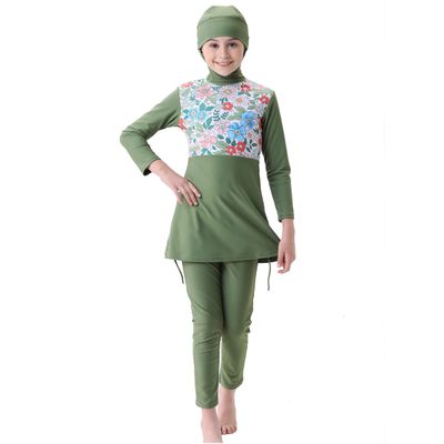 Muslim Swimsuit for Girls Kids 2 Pieces Modest Islamic Swimwear Burkini Full Cover Hijab Long Sleeve Floral Print Hooded Top Pants Swimming Cap Costume Bathing Suit Green - Long Sleeve 7-8 Years