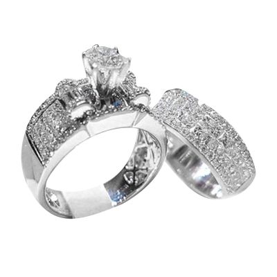 2Pcs Women Wedding Engagement Rings CZ Simulated Diamond Ring Set Luxury Fashion Exquisite Jewelry for Her (Silver, 9)