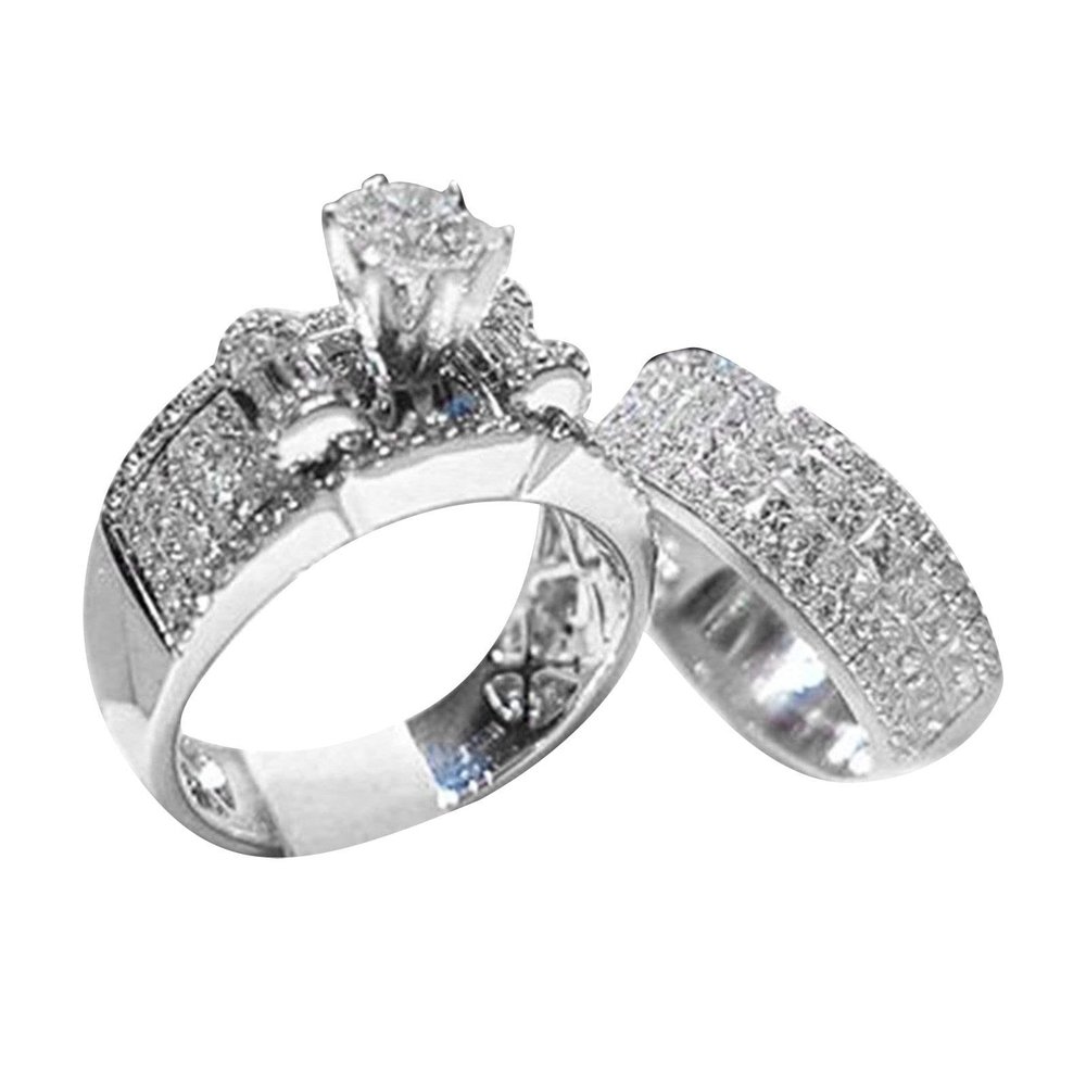2Pcs Women Wedding Engagement Rings CZ Simulated Diamond Ring Set Luxury Fashion Exquisite Jewelry for Her (Silver, 9)