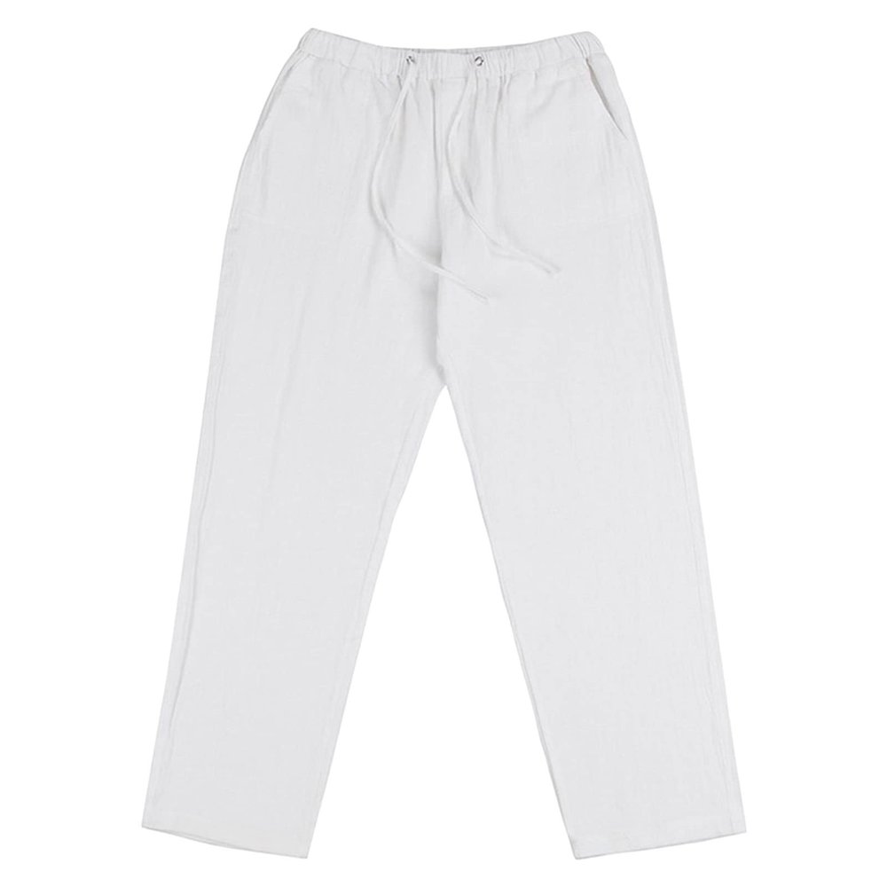 JEsilunmaMY Mens Linen Casual Pants Drawstring Elastic Waist Yoga Pants with Pockets Lightweight Summer Beach Loose Trousers (White,Large)