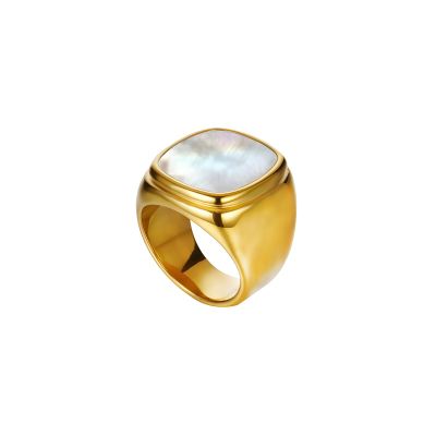 14k Gold Plated Rings Signet Ring For Men Trendy Square Chunky Band Ring Shiny Peal Shell Gold Rings For Women Men Size 6 (Style2, 6)