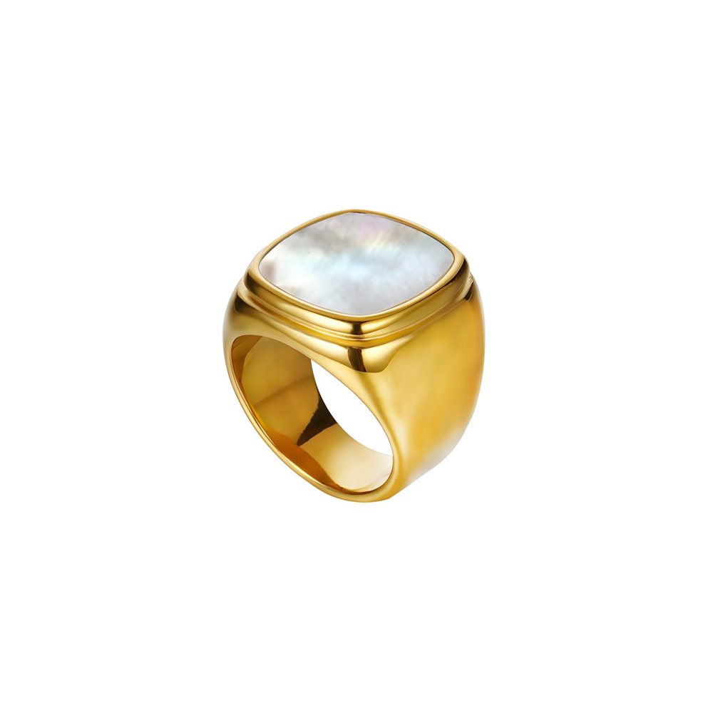 14k Gold Plated Rings Signet Ring For Men Trendy Square Chunky Band Ring Shiny Peal Shell Gold Rings For Women Men Size 6 (Style2, 6)