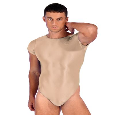 renvena Men's Oil Glossy High Cut Thongs Bodysuit Short Sleeve Round Neck Slim Tights Leotard Tops Coffee X-Large