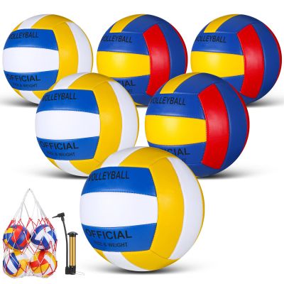 Junkin 6 Pack Volleyballs Official Size 5 Waterproof Soft Volleyball with Pump and Net Bag Outdoor Indoor Beach Gym Training Sport Gift Back to School(Blue Yellow Red, Blue White Yellow)