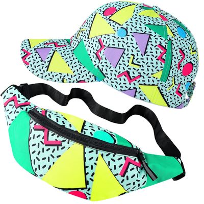 Sotiff 2 Pcs Retro 80s 90s Outfits for Women Men 80s Fanny Pack and Hat 90s Costumes Adjustable Waist Bag Bucket Hats for Themed Party(Fresh Style)