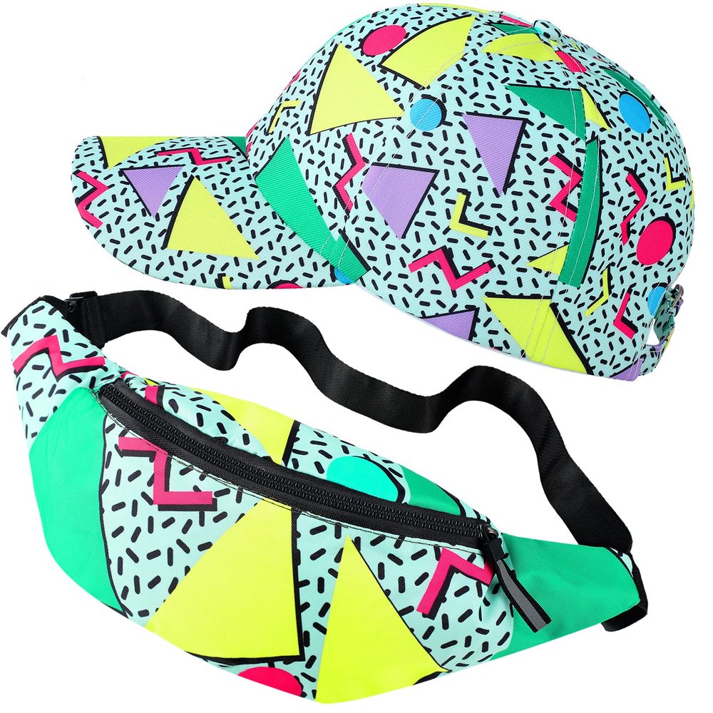 Sotiff 2 Pcs Retro 80s 90s Outfits for Women Men 80s Fanny Pack and Hat 90s Costumes Adjustable Waist Bag Bucket Hats for Themed Party(Fresh Style)