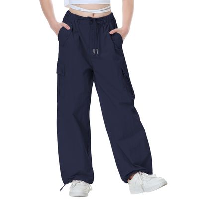 Rolanko Parachute Pants for Girls Y2K Cargo Pants Trousers with Pockets Harajuku Jogger Pants for Kids Streetwear (Navy, 10-12)