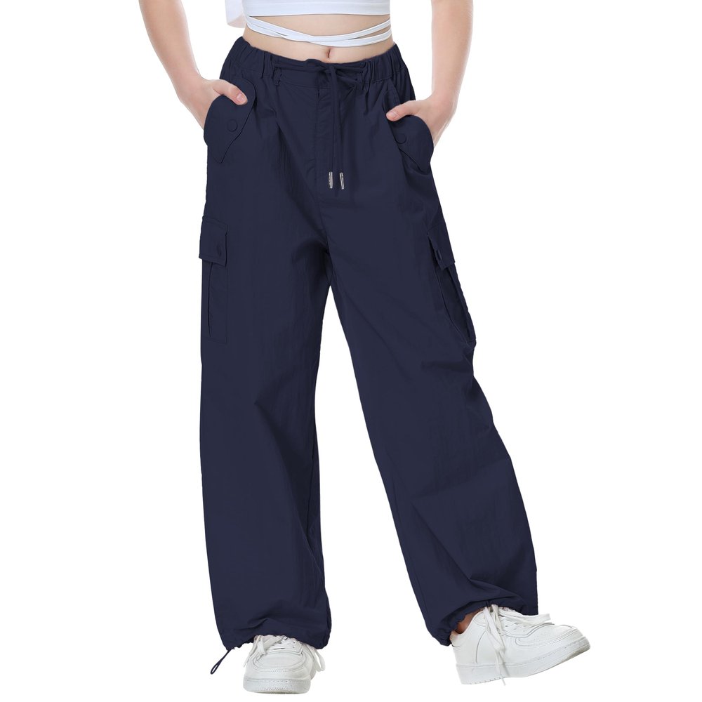 Rolanko Parachute Pants for Girls Y2K Cargo Pants Trousers with Pockets Harajuku Jogger Pants for Kids Streetwear (Navy, 10-12)