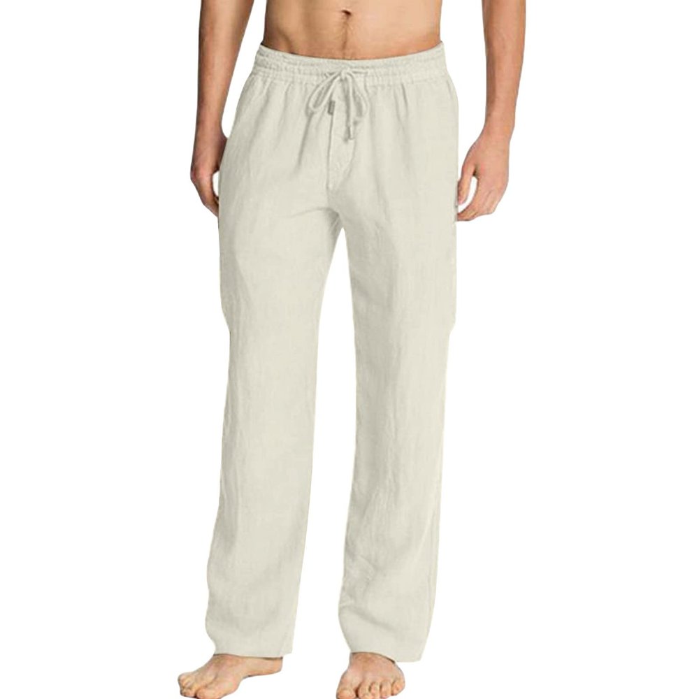 JEsilunmaMY Men's Cotton Linen Yoga Pants Elastic Waist Casual Loose Lounge Pants Solid Color Jogger Sweatpants Pajama Pants (Light Yellow,Small)
