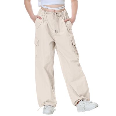 Rolanko Girls Parachute Cargo Pant for Girls Y2K Loose Jogger Cargo Trousers with Pockets Streetwear (Beige, 6-7)
