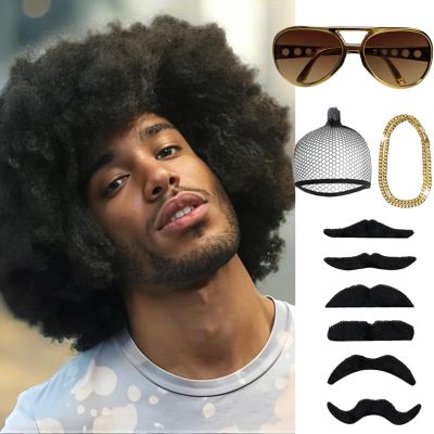BECUS Afro Wig Men Wigs Costume Set Disco Wig for Men Halloween Party Curly Wigs Cosplay Set 1970s 80s(5Pcs)