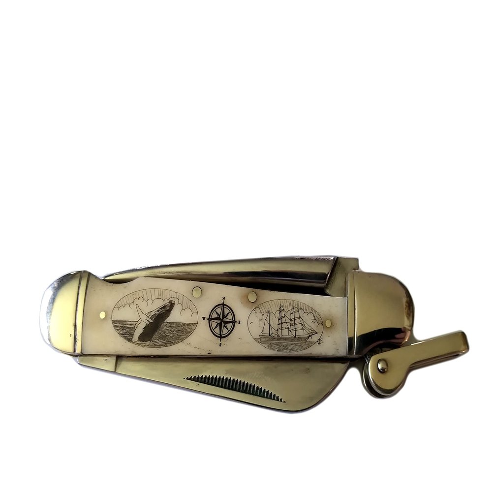 Scrimshaw Rigging knife with Humpback Whale, Ship and Compass Rose