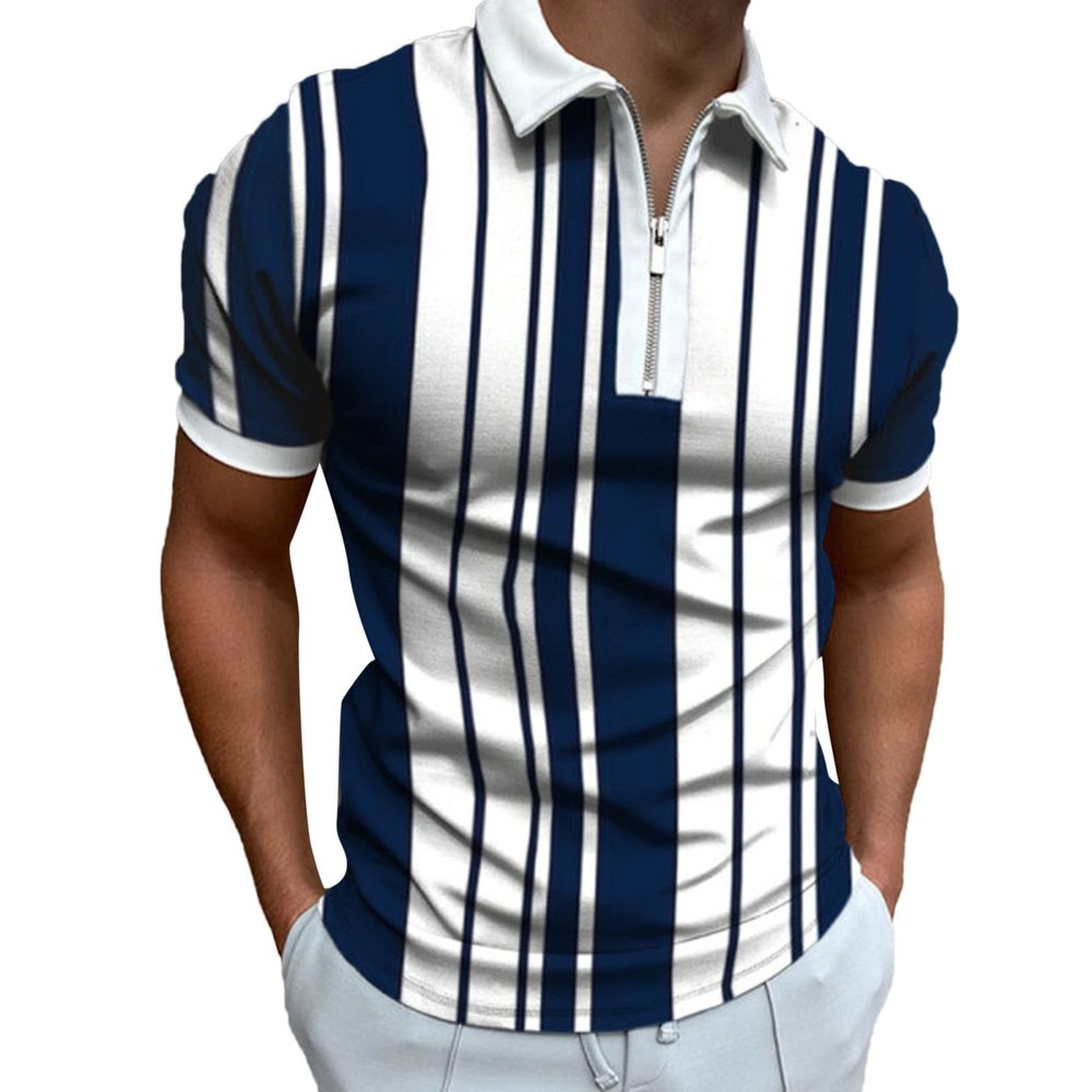 Men's Classic Short Sleeve Polo Shirt Zip Up Big&Tall Casual Summer Slim Fit T-Shirts Striped Graphic Printed Beach Tees Tops