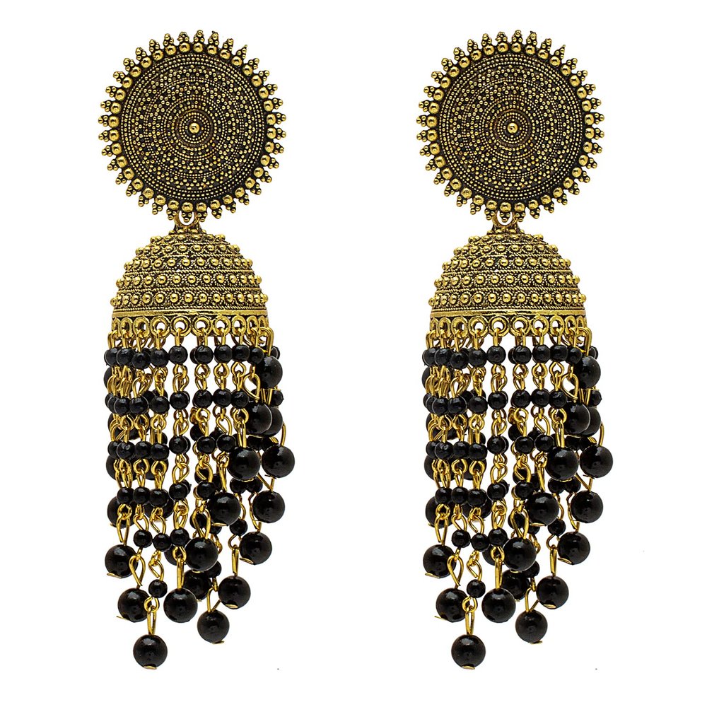 Bodha Traditional Indian Antique Gold Plated Black Meenakari, CZ, Pearls Jhumka Earrings Women (SJE_18_BK)