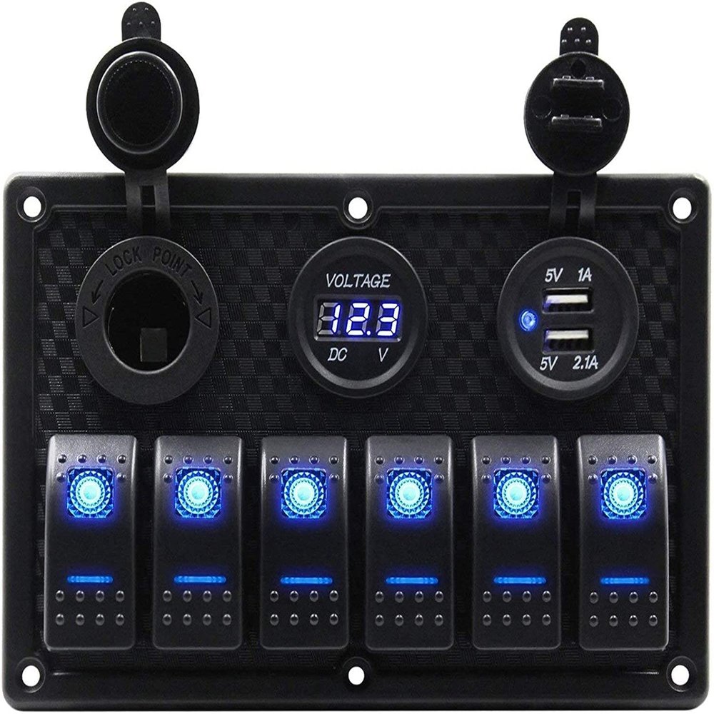 6 Gang Boat and RV Waterproof Rocker Switch Panel, Digital Voltmeter Display Dual 5V USB Charger Socket DC 12V LED Light for Car Marine Boat Vehicles (Blue Light)
