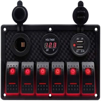 6 Gang Boat and RV Waterproof Rocker Switch Panel, Digital Voltmeter Display Dual 5V USB Charger Socket DC 12V LED Light for Car Marine Boat Vehicles (Red Light)