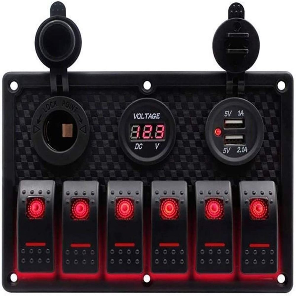 6 Gang Boat and RV Waterproof Rocker Switch Panel, Digital Voltmeter Display Dual 5V USB Charger Socket DC 12V LED Light for Car Marine Boat Vehicles (Red Light)