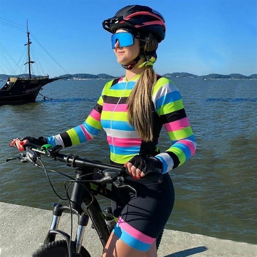 KOZUJI Women's Triathlon Race Suit Cycling Jersey Long Sleeve Jumpsuit Cycling Clothing with Pockets/9D Gel Pad (Color : 01, Size : Large)