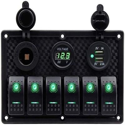 6 Gang Boat and RV Waterproof Rocker Switch Panel, Digital Voltmeter Display Dual 5V USB Charger Socket DC 12V LED Light for Car Marine Boat Vehicles (Green Light)