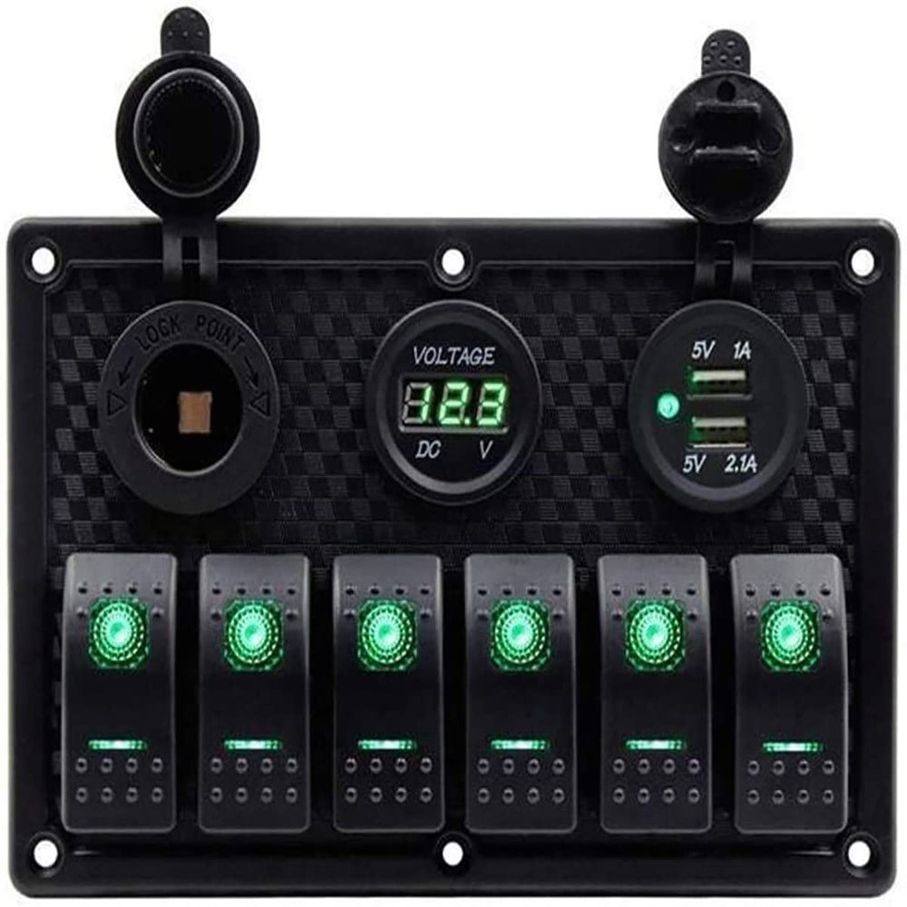 6 Gang Boat and RV Waterproof Rocker Switch Panel, Digital Voltmeter Display Dual 5V USB Charger Socket DC 12V LED Light for Car Marine Boat Vehicles (Green Light)