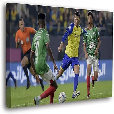 SpiritualHands Cristiano Ronaldo Soccer Superstar Wall Art Canvas Decor,Colorful Ronaldo Soccer Home Room Decor, Framed Poster (RONALDO KICKS BALL, 19" x 28" - Ready to Hang)