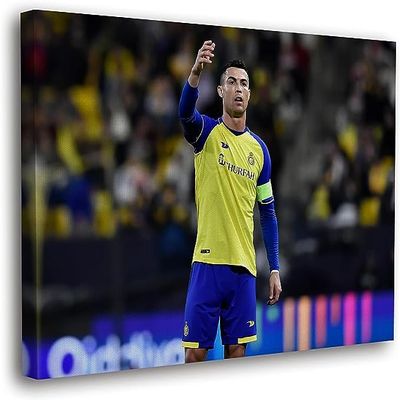 SpiritualHands Cristiano Ronaldo Soccer Superstar Wall Art Canvas Decor,Colorful Ronaldo Soccer Home Room Decor, Framed Poster (RONALDO HAND UP, 19" x 28" - Ready to Hang)