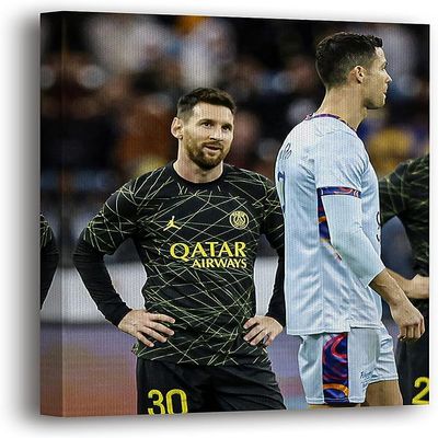 SpiritualHands Cristiano Ronaldo Soccer Superstar Wall Art Canvas Decor,Colorful Ronaldo Soccer Home Room Decor, Framed Poster (MESSI LOOKS RONALDO, 19" x 28" - Ready to Hang)