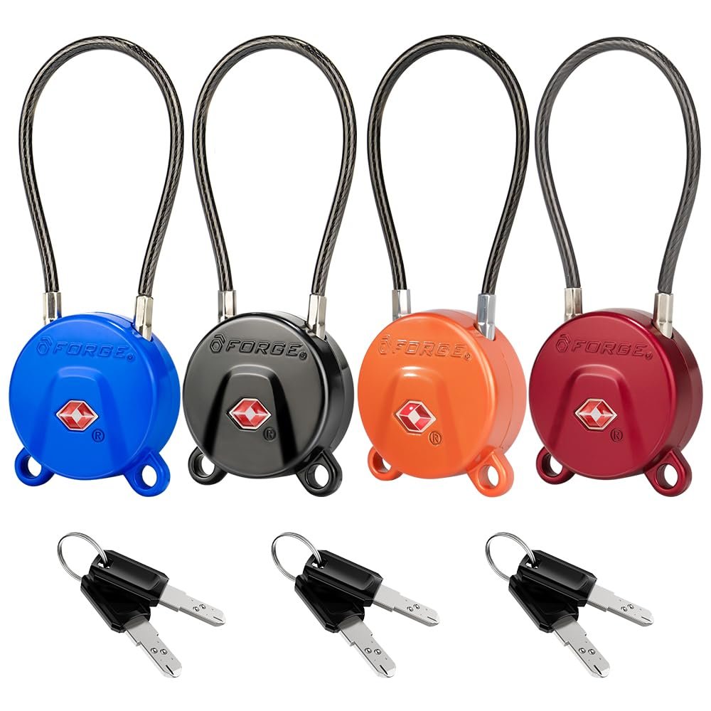 Forge TSA Approved Luggage Locks Ultra-Secure Dimple Key Travel Cable Locks with Zinc Alloy Body- 4 Locks, Black, Blue, red, Green.
