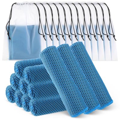 Hosuly 12 Pcs Cooling Towels for Face and Neck 12 x 40 Inch Workout Towels for Gym Fast Drying Hot Weather Sweat Rag Cold Cooling Cloth with 12 Bags Athletes Sport Yoga Golf(Light Blue)