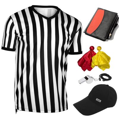 6 Pieces Men's Official Referee Costume Set, Official Umpire Jersey Collar V-Neck Referee Shirt Referee Cards Hat Whistle with Lanyard Penalty Flag, Referee Necessities for Basketball Football Soccer