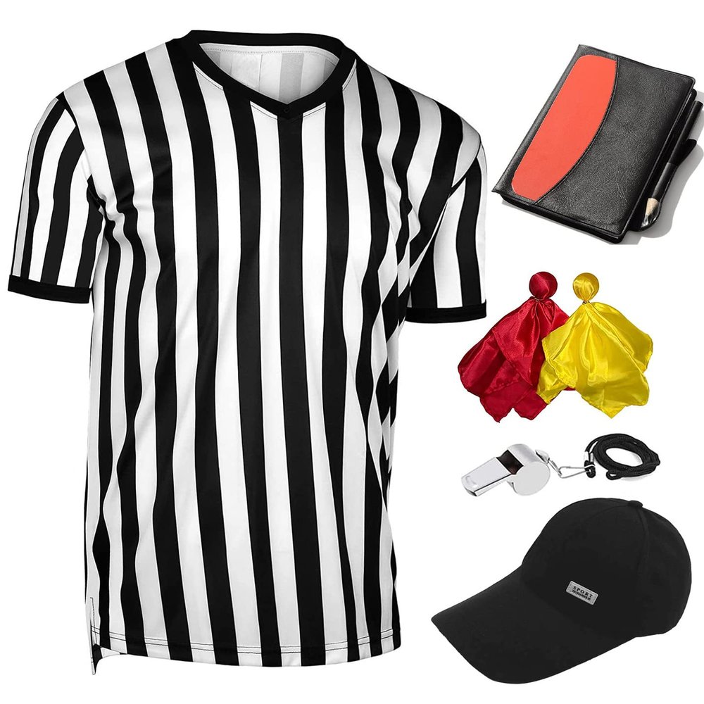 6 Pieces Men's Official Referee Costume Set, Official Umpire Jersey Collar V-Neck Referee Shirt Referee Cards Hat Whistle with Lanyard Penalty Flag, Referee Necessities for Basketball Football Soccer