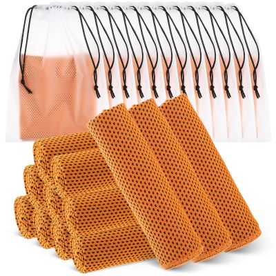 Hosuly 12 Pcs Cooling Towels for Face and Neck 12 x 40 Inch Workout Towels for Gym Fast Drying Hot Weather Sweat Rag Cold Cooling Cloth with 12 Bags Athletes Sport Yoga Golf(Orange)