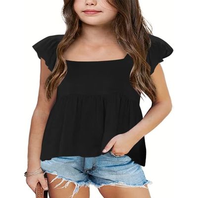 Bingerlily Girls Summer Casual Tops Ruffle Short Sleeve T Shirts Cute Babydoll Tees Black