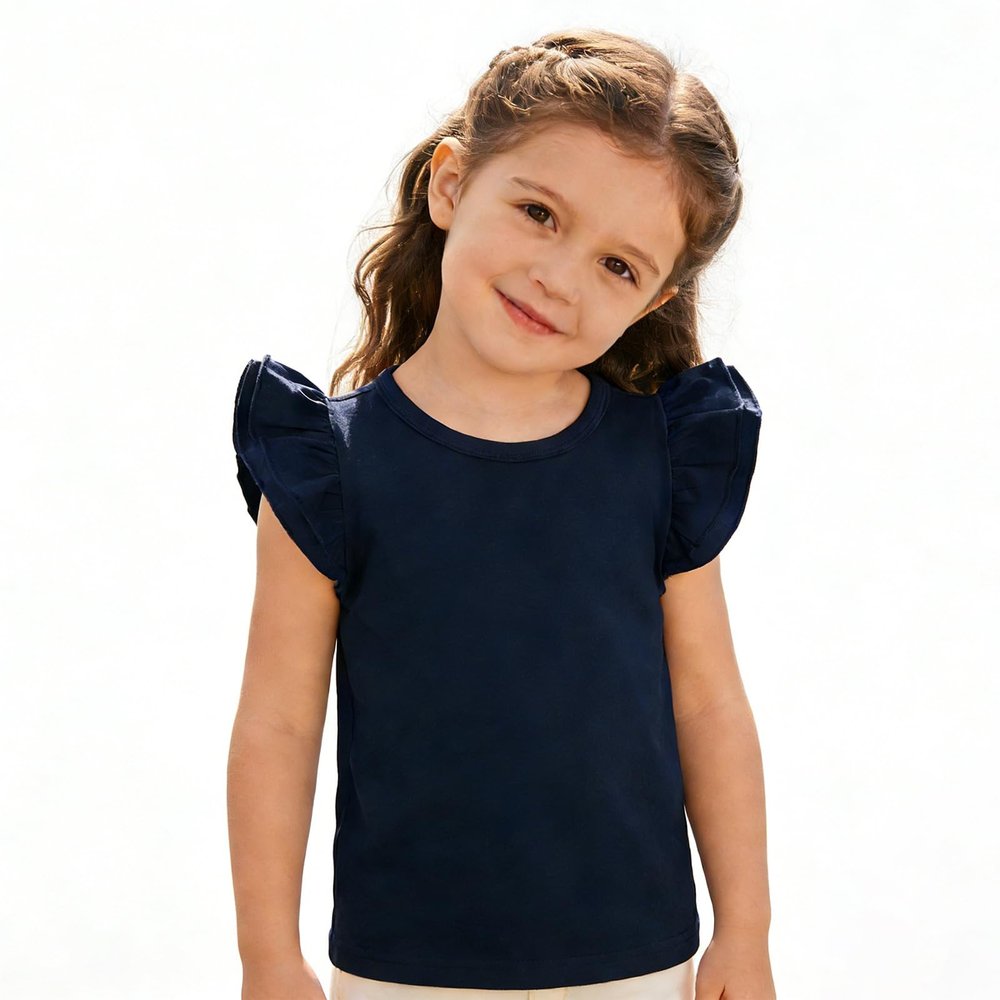Sanpersonlin Toddler Baby Girl Solid Color T Shirt Kids Blouse Basic Plain Ruffle Top Cotton Casual Clothes (0021J-Short Sleeve Navy Blue, 5-6 Years)