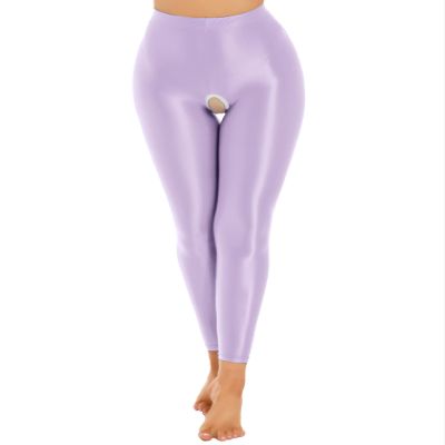 Agoky Women's Glossy Hollow Out Silky Long Crotchless Leggings High Elastic High Waist Yoga Pants Light Purple Medium