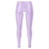 Agoky Women's Glossy Hollow Out Silky Long Crotchless Leggings High Elastic High Waist Yoga Pants Light Purple Medium view 3