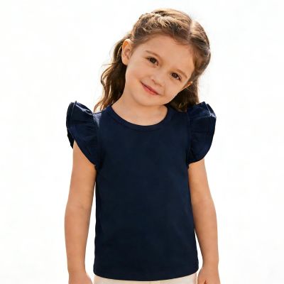 Sanpersonlin Toddler Baby Girl Solid Color T Shirt Kids Blouse Basic Plain Ruffle Top Cotton Casual Clothes (0021J-Short Sleeve Navy Blue, 6-7 Years)