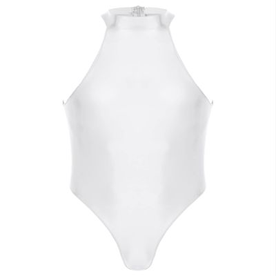 Zaldita Men's Oil Glossy Zipper Back Bodysuit Leotard Sleeveless Jumpsuit Fitness Gym Sportswear White X-Large