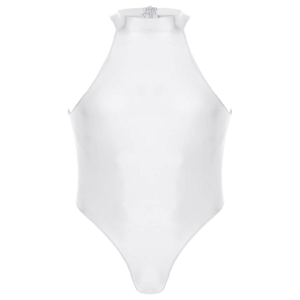 Zaldita Men's Oil Glossy Zipper Back Bodysuit Leotard Sleeveless Jumpsuit Fitness Gym Sportswear White X-Large