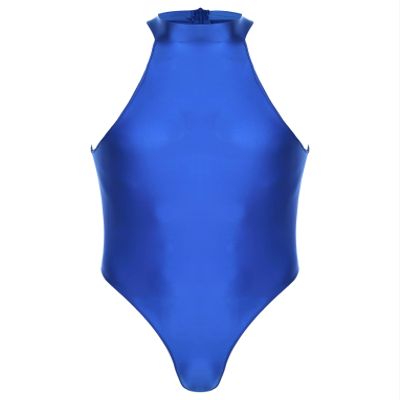QinCiao Men's Zipper Back Bodysuits One Piece Sleeveless Leotard High Elastic Oil Jumpsuits Blue X-Large