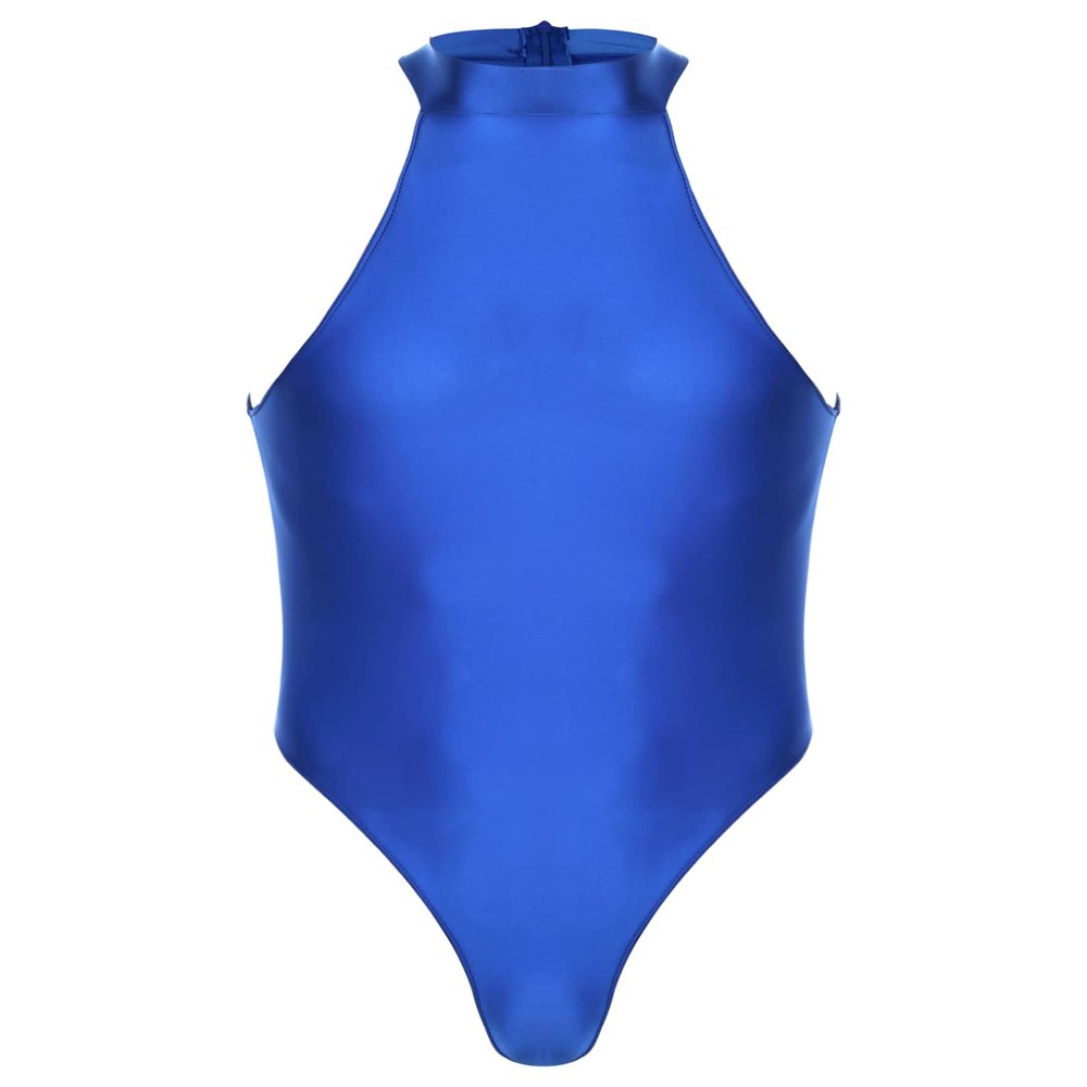 QinCiao Men's Zipper Back Bodysuits One Piece Sleeveless Leotard High Elastic Oil Jumpsuits Blue X-Large